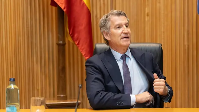 El presidente del Partido Popular, Alberto Núñez Feijóo, durante la reunión plenaria de los Grupos Parlamentarios del Partido Popular del Congreso y del Senado, en el Congreso de los Diputados, a 14 de abril de 2026, en Madrid (España).