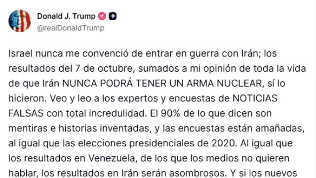 Mensaje del presidente estadounidense, Donald Trump, en Truth Social.
