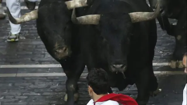 Un mozo corre ante dos Miuras en San Fermín.