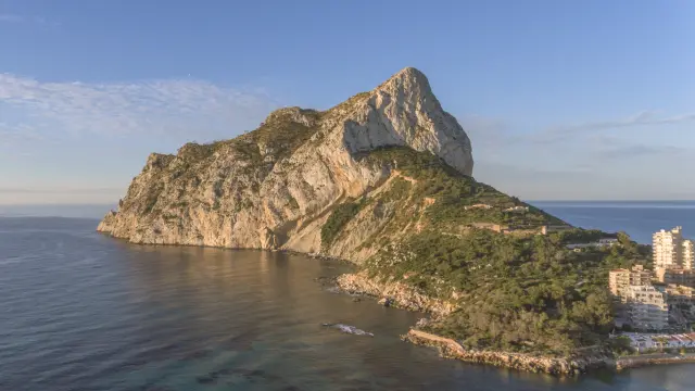 Aerial shot of the special mountain of peñón de ifach, in Spain