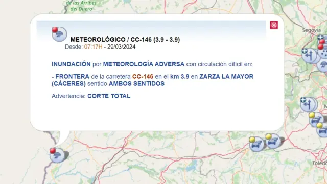 Aviso de la DGT del corte de la carretera CC-146 en Extremadura por meteorología adversa.