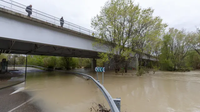 Varias personas observan el río Gállego a su paso por Zaragoza este domingo.