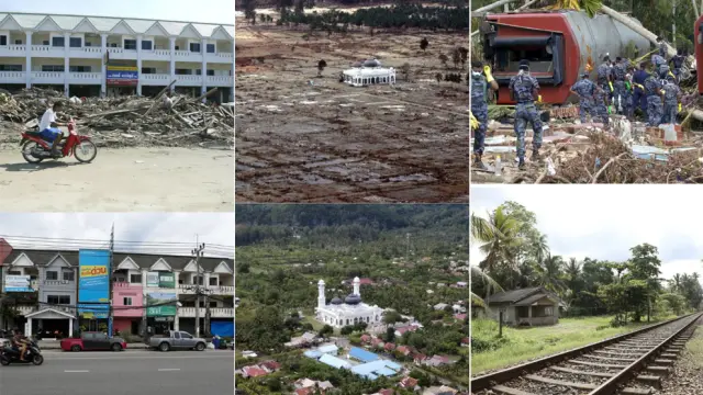 Tríptico que muestra la destrucción que produjo el tsunami hace 20 años en varios países del océano Índico.