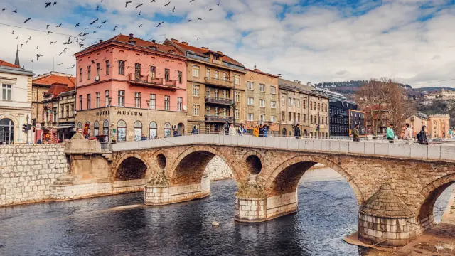 15 March 2024, Sarajevo, Bosnia and Herzegovina: rich heritage of Sarajevo's old town with the medieval charm of the Latin Bridge and its surrounding architecture.