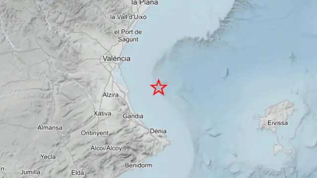 Epicentro de los terremotos registrados este viernes en el Golfo de Valencia.