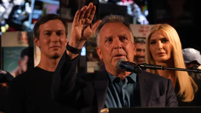 U.S. Special Envoy to the Middle East Steve Witkoff speaks during a rally in support of hostages kidnapped by Hamas, at a plaza known as hostages square, in Tel Aviv, Israel, Saturday, Oct. 11, 2025, ahead of the expected release of the hostages held in the Gaza Strip. (AP Photo/Emilio Morenatti)