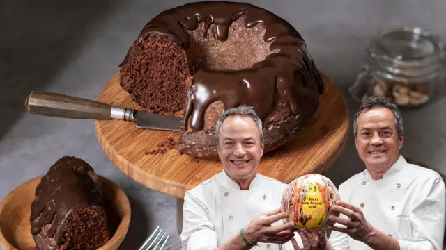 Collage formado por una imagen de fondo de una tarta de chocolate y otra silueteada de los hermanos Torres