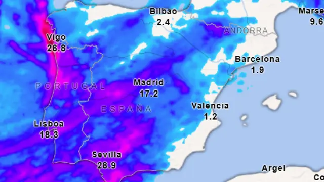 Precipitación acumulada para este sábado 15 de noviembre.