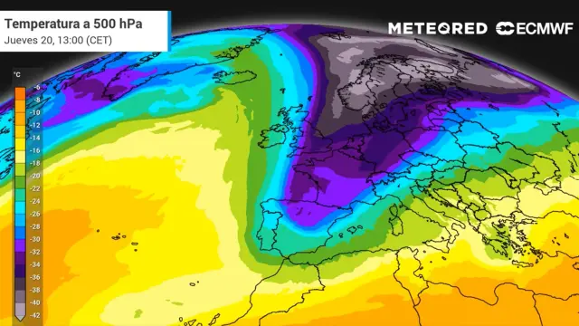 Mapa meteorológico que muestra la entrada de una masa de aire ártico en la Península.
