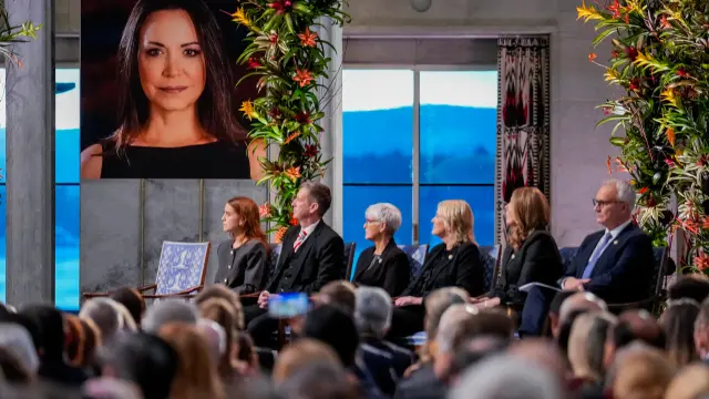 A picture of Nobel Peace Prize laureate Maria Corina Machado during the Nobel Peace Prize award ceremony at Oslo City Hall, in Oslo, Norway, Wednesday Dec. 10, 2025. (Ole Berg-Rusten/NTB Scanpix, Pool via AP)
