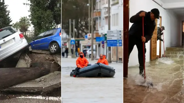 Coches levantados, calles como ríos y achicando agua de las casas, las fotos que deja el paso de la borrasca Leonardo por la Península.