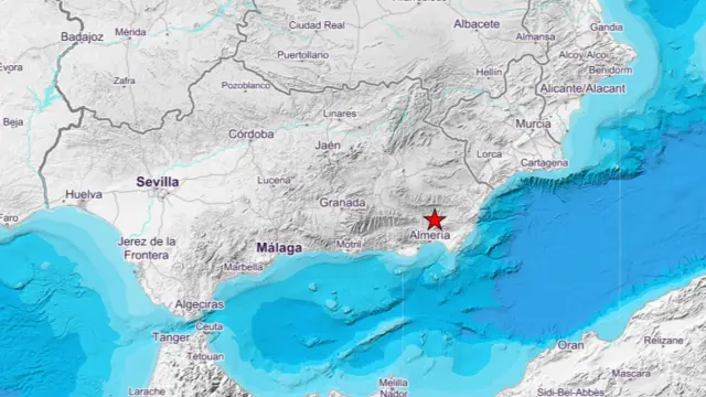 Localizador del epicentro del terremoto de 4,3 registrado esta noche en Almería.