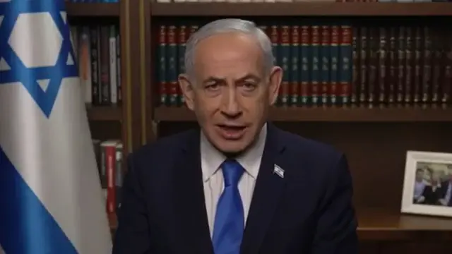 El primer ministro israelí, Benjamin Netanyahu, en su mensaje tras el ataque conjunto de EE UU e Israel a Irán.
