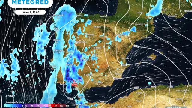 El frente de lluvias a su paso por la Península este lunes.