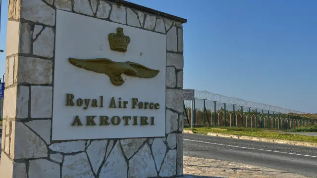 The main gate of Britain's RAF Akrotiri base is seen after it was hit by a suspected drone strike early morning near Limassol, Cyprus, Monday, March 2, 2026. (AP Photo/Petros Karadjias)Associate Press/ LaPresseOnly Italy and Spain