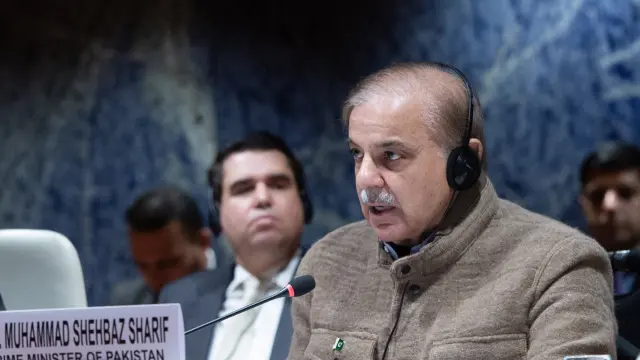 El primer ministro de Pakistán, Shehbaz Sharif, durante una cumbre de la ONU.