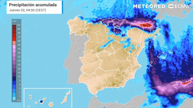 Mapa de precipitaciones en España.