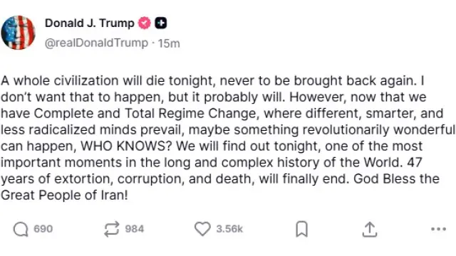 Captura del mensaje de Donald Trump publicado este martes en su red social en el que amenaza con un exterminio.