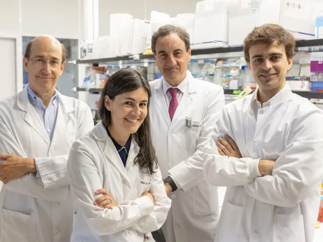 De izquierda a derecha, los doctores Fernando Lecanda, Karmele Valencia y Rafael Martínez Monge, del grupo de Adhesión y Metástasis del Cima, con Borja Ruiz-Fernández de Córdoba, de la Universidad de California en San Francisco.