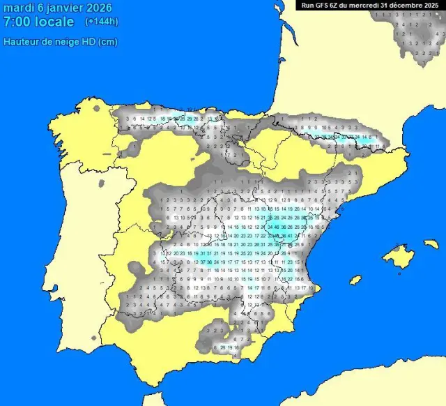 Predicción de acumulaciones de nieve para el 6 de enero de 2026 en España según el modelo GFS.