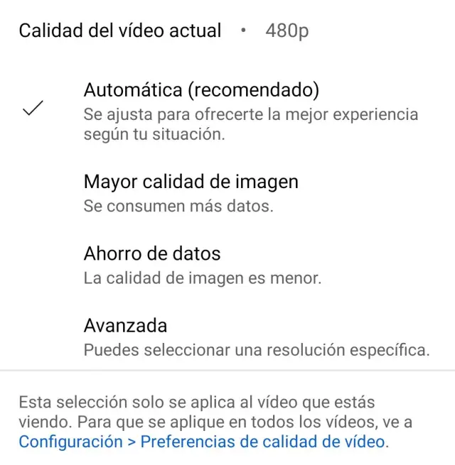 Así se muestran las cuatro opciones de calidad del vídeo.