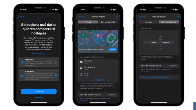 Estas son las opciones que te permite elegir la función de iPhone 'Aviso de llegada'.