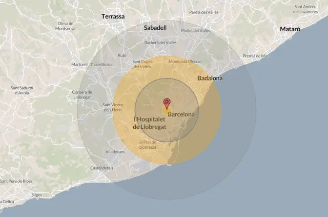 Zona afectada por una hipotética bomba nuclear sobre Barcelona.