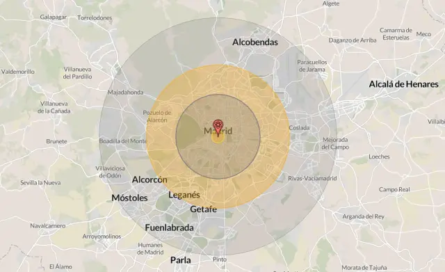 Zona afectada por una hipotética bomba nuclear sobre Madrid.