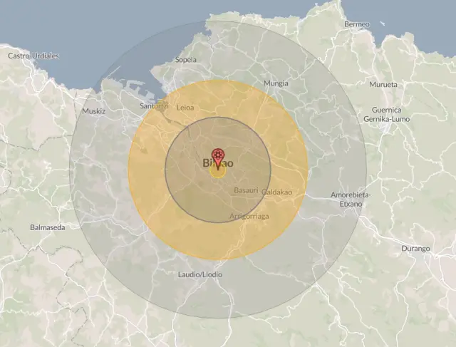 Zonas afectadas por una hipotética bomba nuclear sobre Bilbao.
