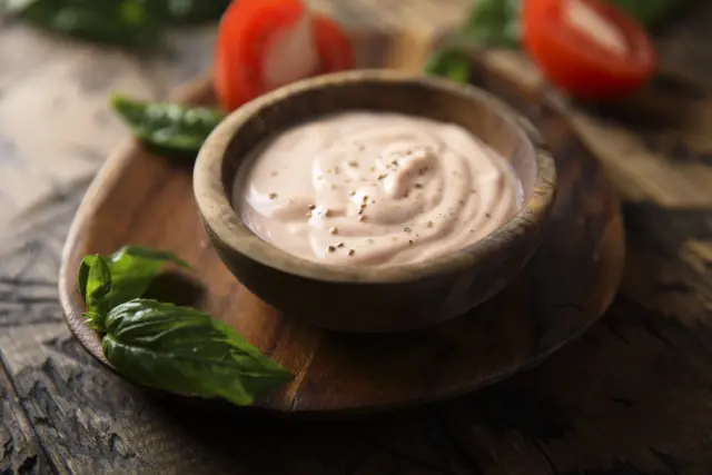 Cuenco con mayonesa casera picante.