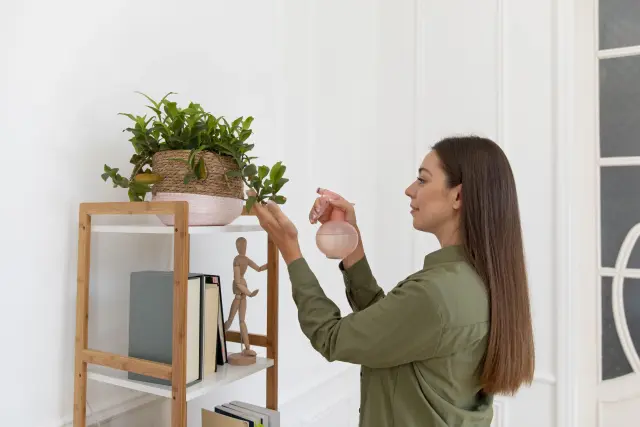 Mujer regando una planta en su casa