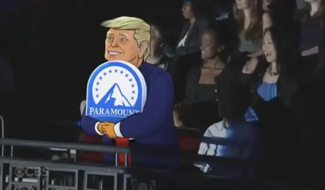 Trump achuchando al logotipo de Paramount, propietaria de CBS que ha decidido cancelar el programa incómodo de Colbert.
