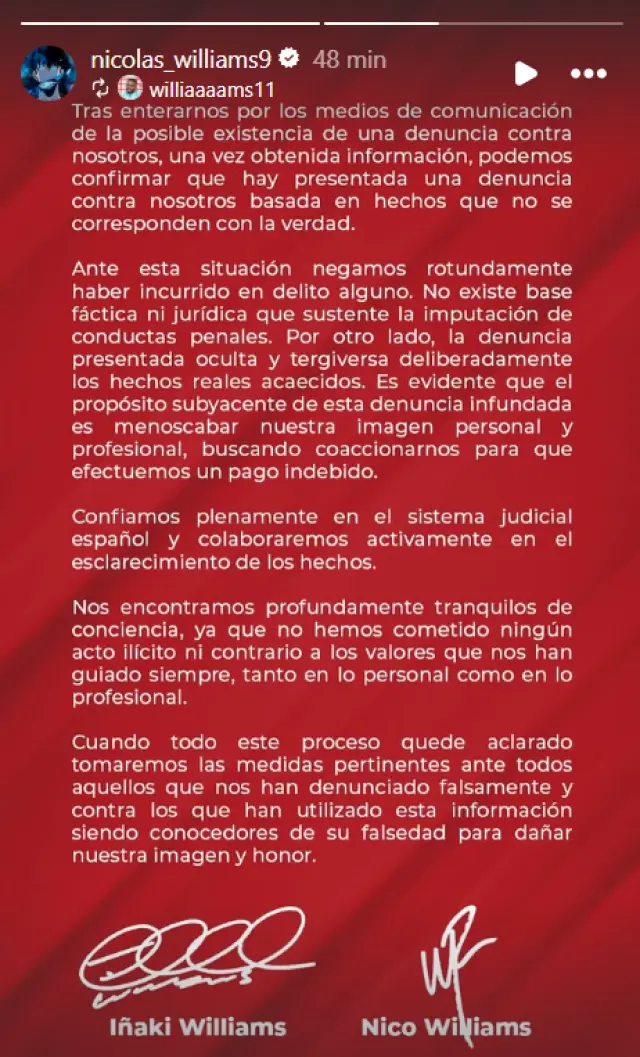 Comunicado de los hermanos Williams en el que niegan su participación en lapropiación indebida de un vehículo de lujo.