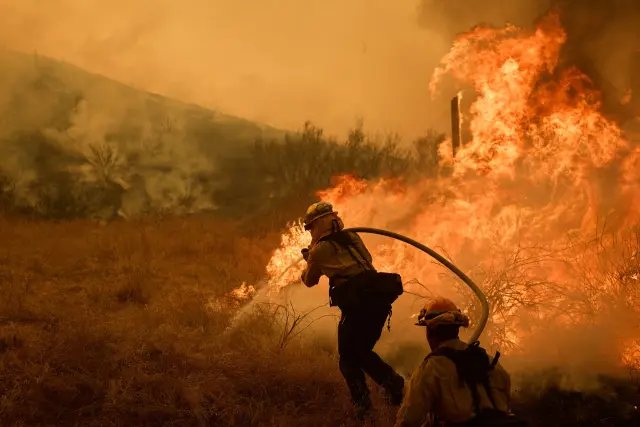 CASTAIC (United States), 08/08/2025.- Firefighters battle the Canyon Fire in Castaic, California, 07 August 2025. The Canyon Fire near Lake Piru, a reservoir about 60 miles northwest of downtown LA, has forced thousands to evacute and has grown to more than 1,000 acres according to Cal Fire EFE/EPA/ALLISON DINNER
