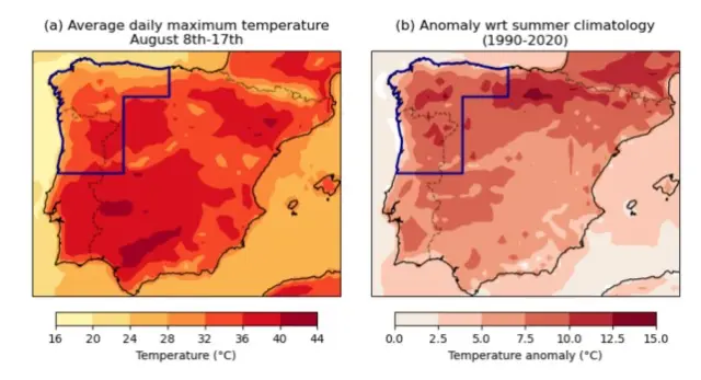 En la imagen de la izquierda, temperatura media diaria durante la ola de calor entre el 8 y el 17 de agosto en Galicia, Castilla y León y norte de Portugal. En la de la derecha, la anomalía con respecto al periodo 199-2020.