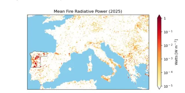 Intensidad de los fuegos (expresada en su poder radioactivo) en toda Europa hasta el 26 de agosto, muy superior en el noroeste de la península ibérica.