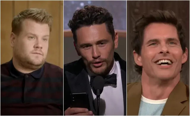 De izquierda a derecha vemos a James Corden, James Franco y James Marsden.