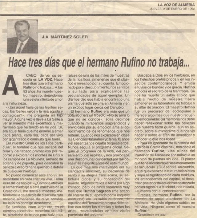 Obituario del hermano Rufino que publiqué en La Voz de Almería. Me quedé corto.