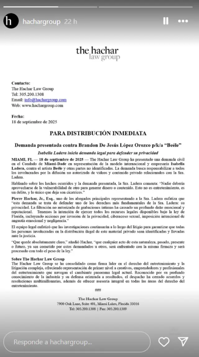 El comunicado del equipo de abogados de Isabella Ladera tras su demanda a Béele.