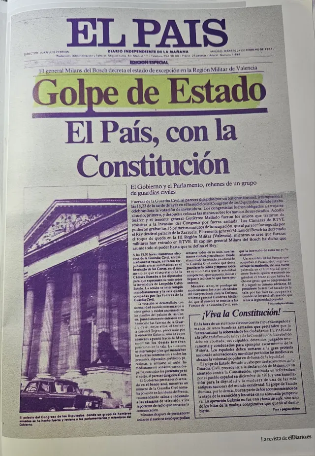 Portada de El País, donde yo trabajaba como redactor jefe de Economía, el día del Golpe del 23-F de 1981