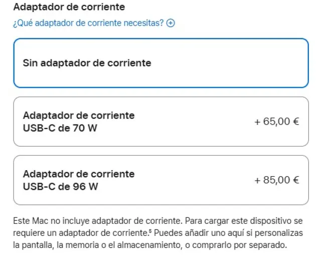 Opción para comprar el cargador como accesorio extra.