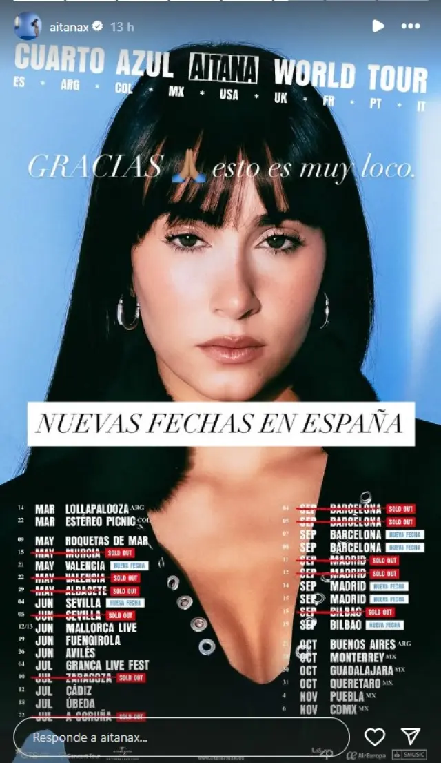 Aitana anuncia nuevas fechas para su gira mundial.