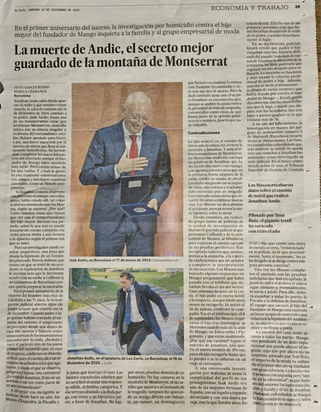 Información sobre la muerte del fundador de Mango en la página 29 del mismo ejemplar de El País donde se publicó la doble página de publicididad.