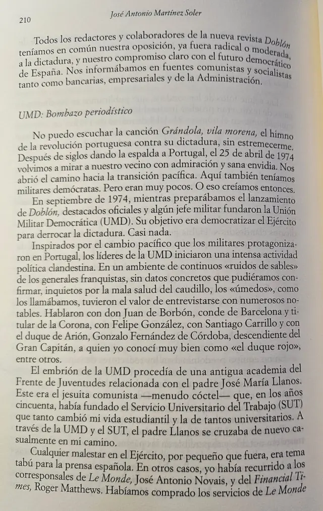 Página 210 de mis memorias periodísticas ("La prensa libre no fue un regalo". Ed. Marcial Pons)