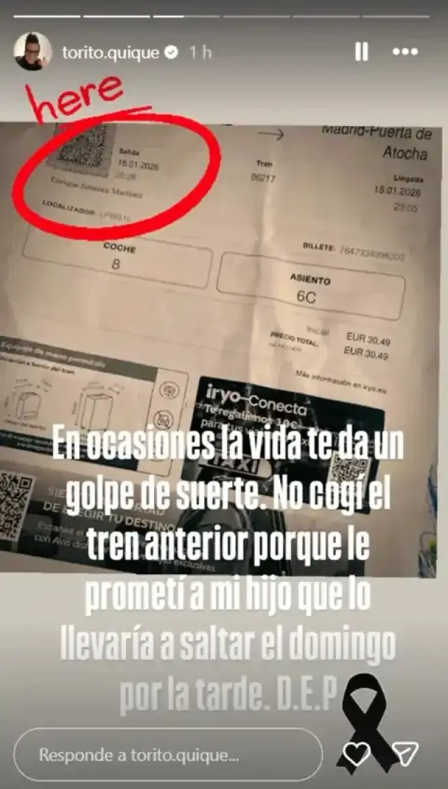 Torito explica a sus seguidores que no cogió el tren accidentado en Adamuz (Córdoba) porque retrasó su vuelta para pasar más tiempo con su hijo.