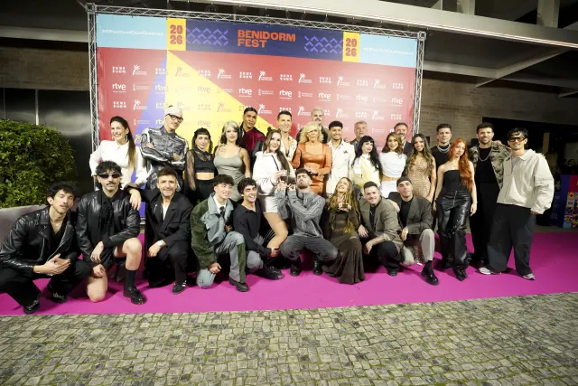 BENIDORM, ALICANTE COMUNIDAD VA, SPAIN - FEBRUARY 06: Family photo during the welcome to Benidorm Fest 2026, at the Benidorm Cultural Centre, on 7 February 2026, in Benidorm, Alicante, Comunidad Valenciana, Spain. This is the fifth edition of the festival in which two semi-finals will be held - on 10 and 12 February - before the final on 14 February 2026. (Photo By Roberto Plaza/Europa Press via Getty Images)