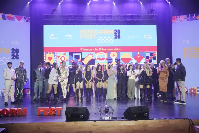 BENIDORM, ALICANTE COMUNIDAD VA, SPAIN - FEBRUARY 06: Family photo during the welcome to Benidorm Fest 2026, at the Benidorm Cultural Centre, on 7 February 2026, in Benidorm, Alicante, Comunidad Valenciana, Spain. This is the fifth edition of the festival in which two semi-finals will be held - on 10 and 12 February - before the final on 14 February 2026. (Photo By Roberto Plaza/Europa Press via Getty Images)