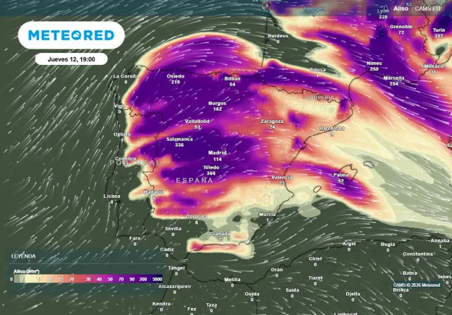 Mapa de Meteored del jueves 12 a las 19:00 que ilustra las concentraciones de partículas de Aliso sobre la Península Ibérica, Francia y el norte de África