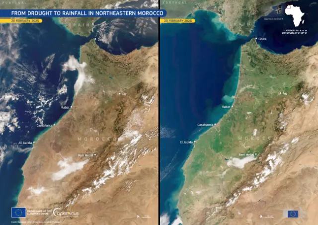 Marruecos visto desde el espacio en febrero de 2025 (izquierda) y de 2026 (derecha)