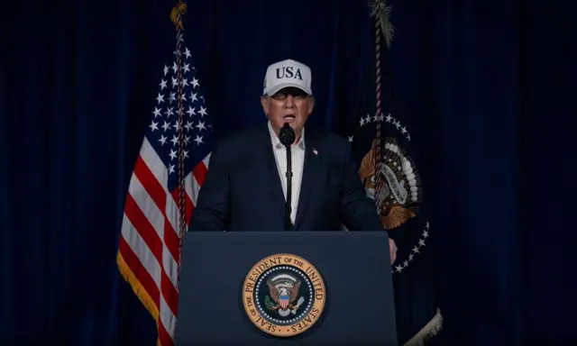 El presidente de EE UU, Donald Trump, durante su mensaje tras el ataque de EE UU e Israel a Irán.
